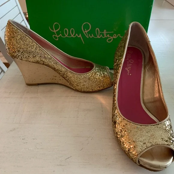 Lilly Pulitzer gold glitter wedges